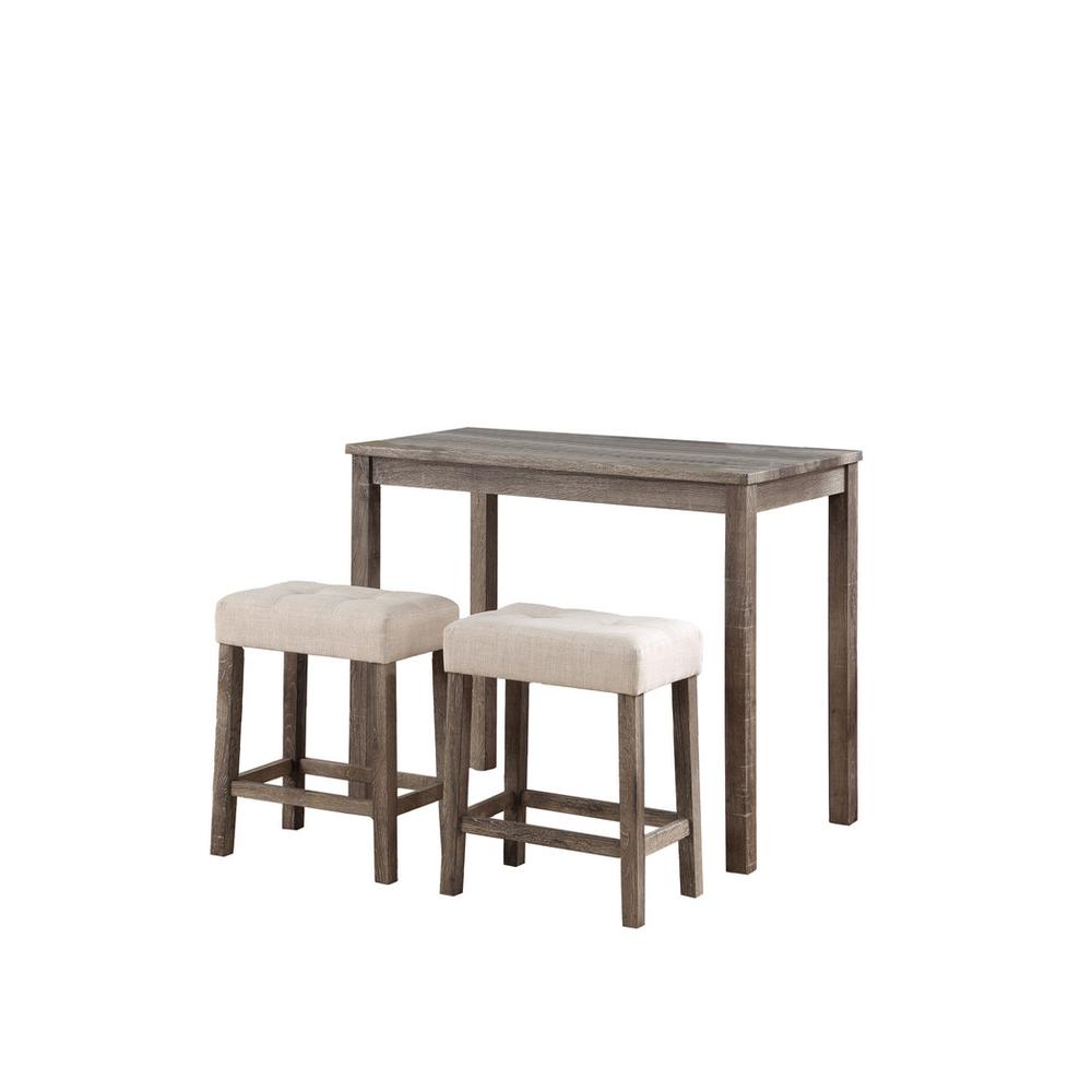 Lux Brown 3 Piece Counter Height 36" Pub Table Set with Tufted Creamy White Linen Stools. Picture 1