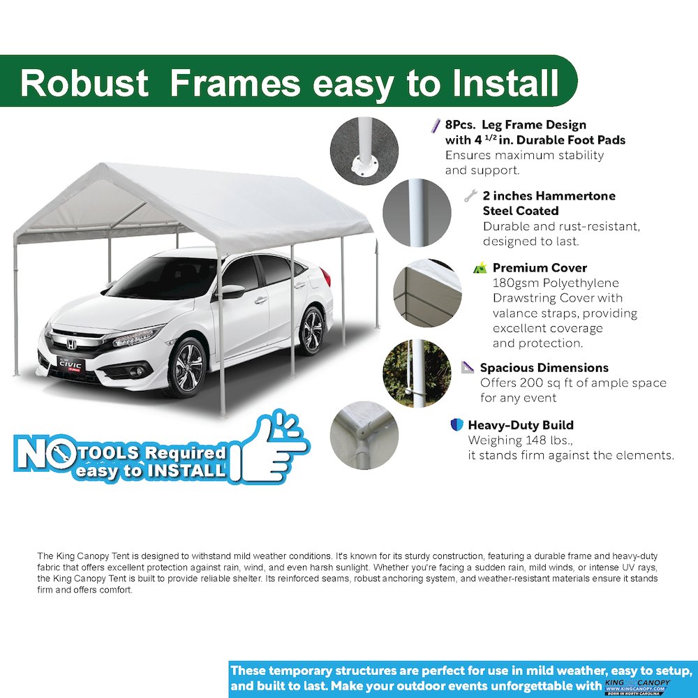 10-Feet by 20-Feet, 2-Inch Hammertone Steel Frame, 8-Leg, Carport, White. Picture 5