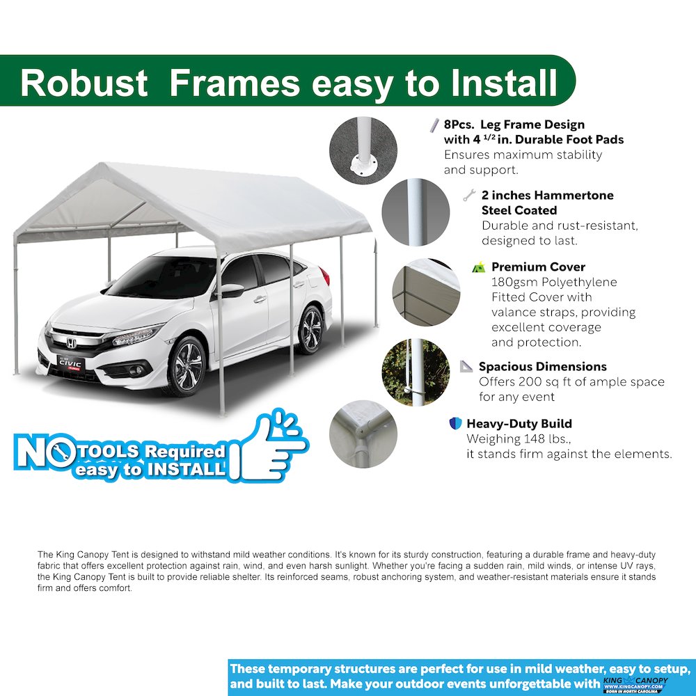 10-Feet by 20-Feet, 2-Inch Hammertone Steel Frame, 8-Leg, Carport, White. Picture 6