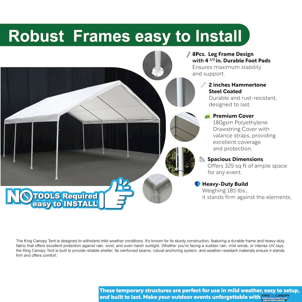 18-Feet by 20-Feet, 2-Inch Hammertone Steel Frame, 8-Leg, Carport, White. Picture 2