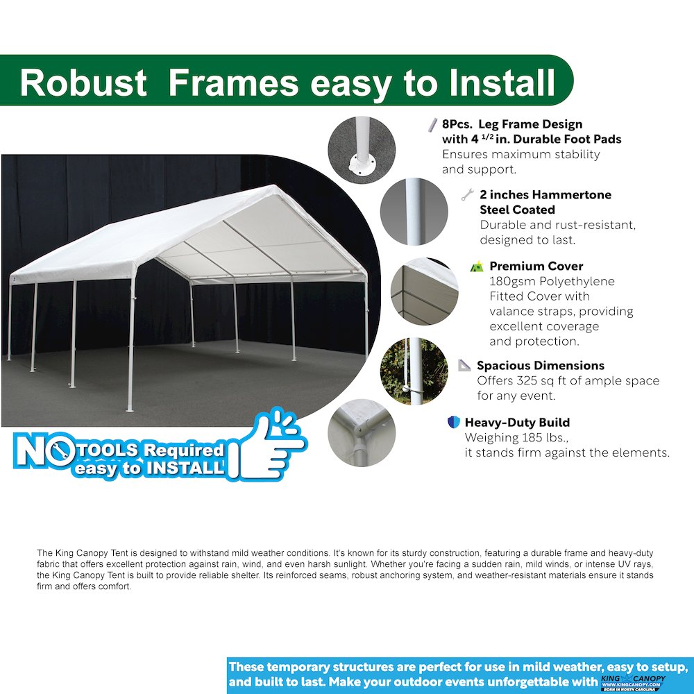 18-Feet by 20-Feet, 2-Inch Hammertone Steel Frame, 8-Leg, Carport, White. Picture 11