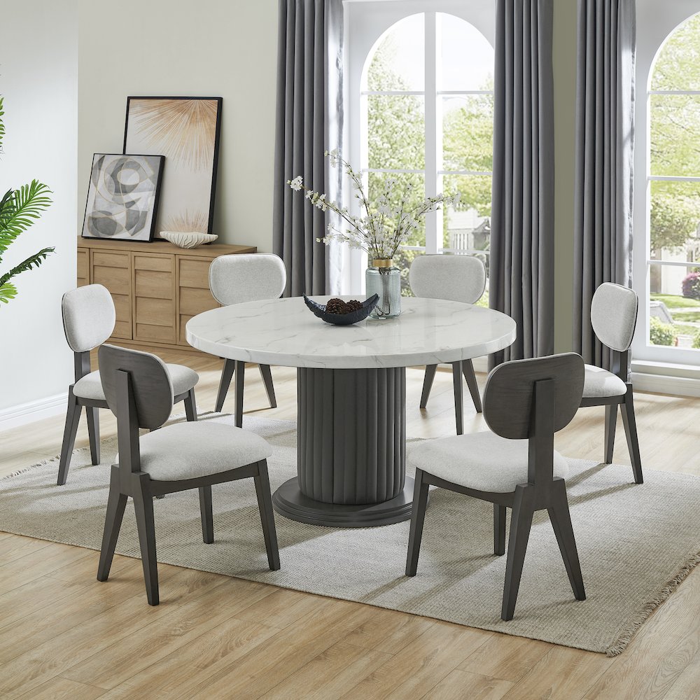 Valencia 7-Piece 54" Round White Faux Marble Dining Set. Picture 3