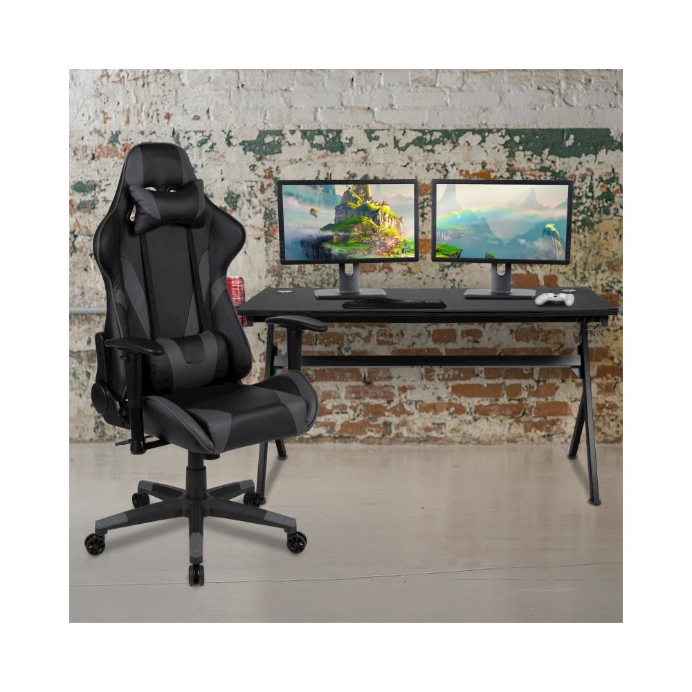 Gaming Desk and Gray/Black Reclining Gaming Chair Set /Cup Holder/Headphone Hook/Removable Mouse Pad Top - Wire Management. Picture 2