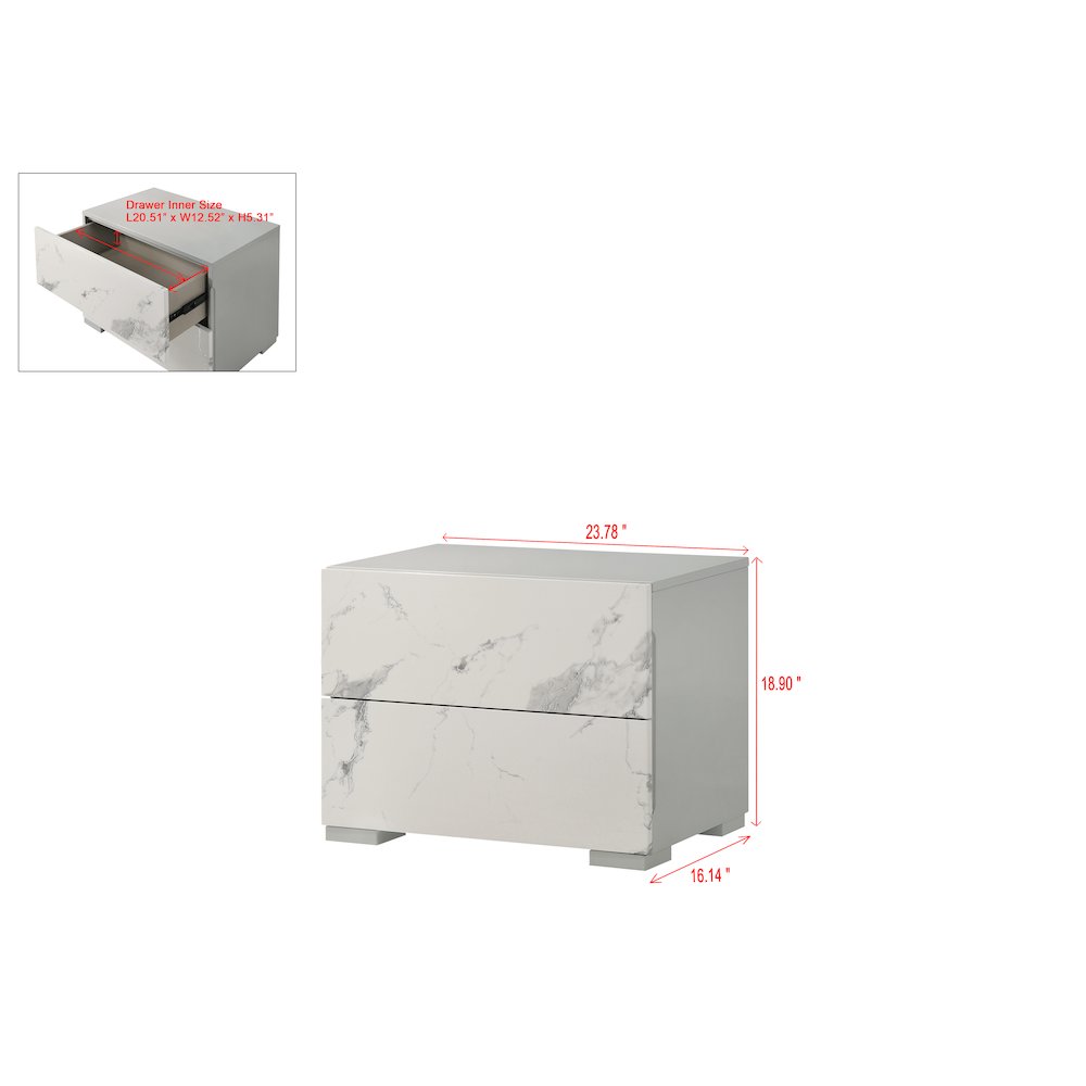 24" Wide 2-Drawer Nightstand, Faux Marble Front, Lacquered Gloss Frame. Picture 3
