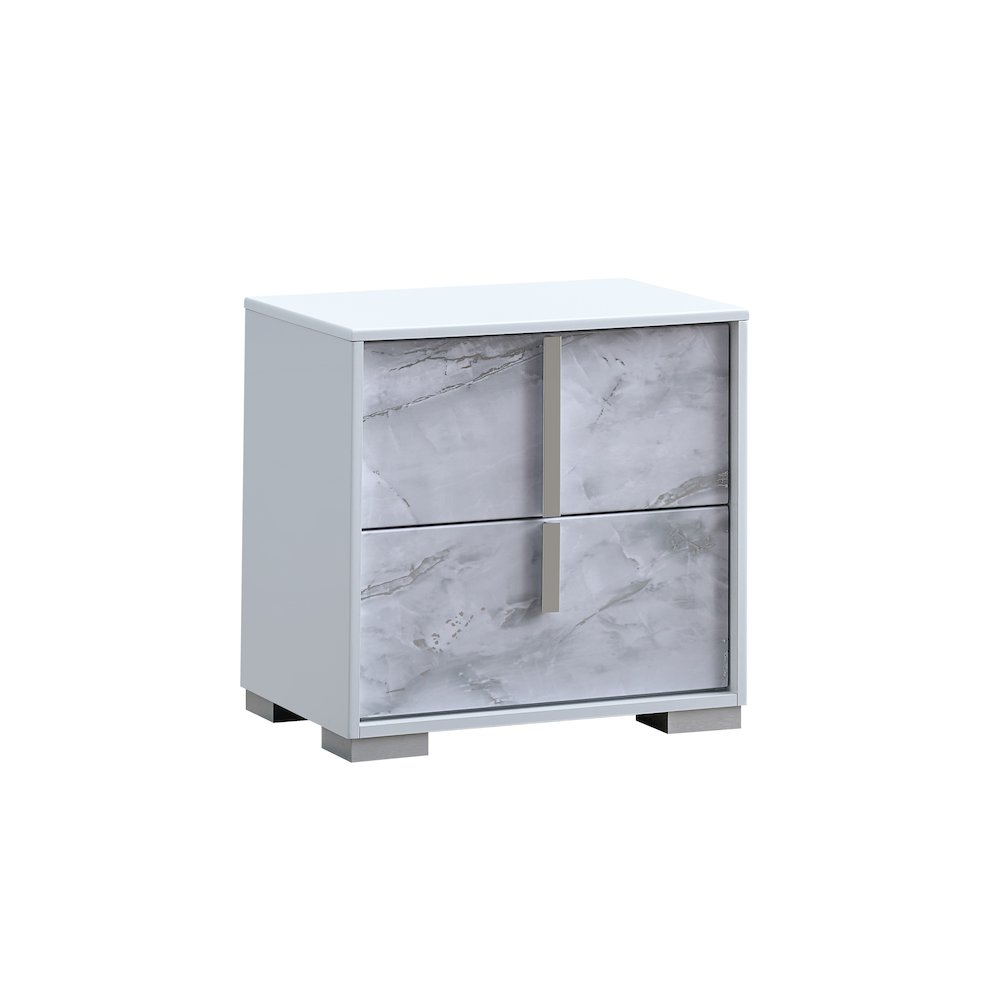 22" Wide 2-Drawer Nightstand, White Lacquered Gloss, White Faux Marble. Picture 1