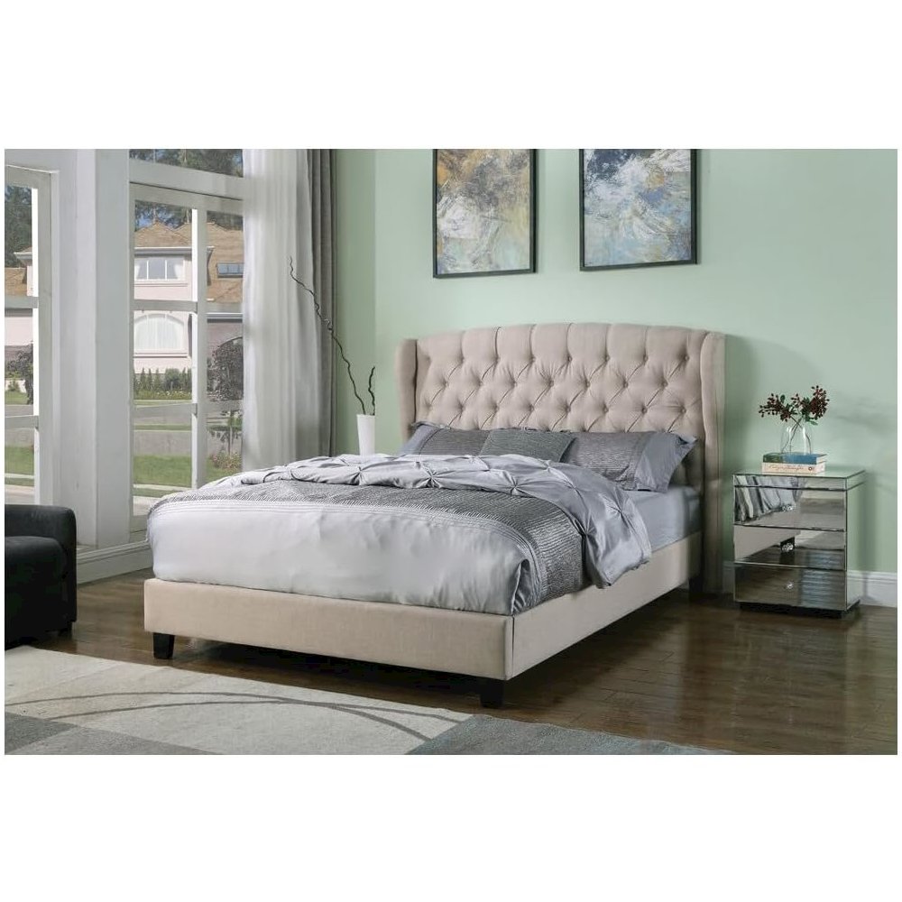 Frances Solid Wood/Fabric Upholstry Queen Platform Bed - Beige. Picture 3