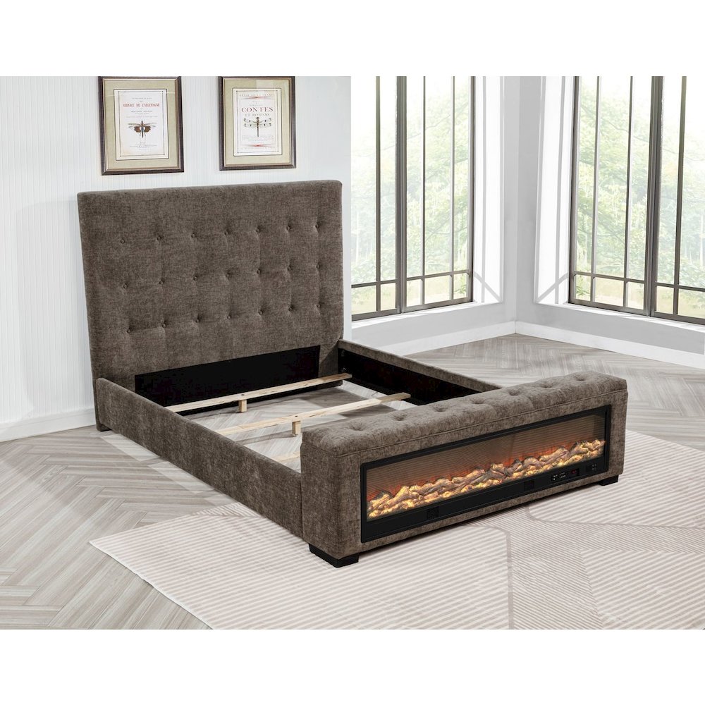 Upholstered Bed Frame with LED Fireplace Footboard, Eastern King, Grey Chenille. Picture 3