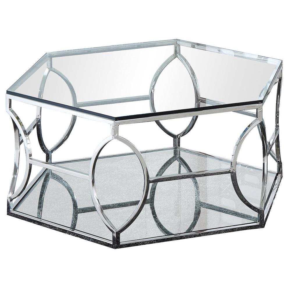 Best Master Brooke Hexagonal Clear Glass and Steel Frame Coffee Table in Silver. Picture 1