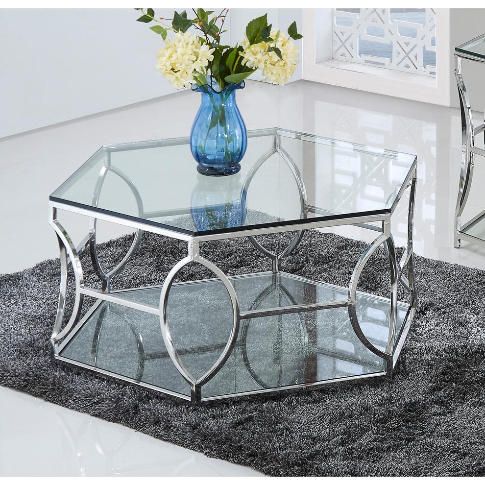 Best Master Brooke Hexagonal Clear Glass and Steel Frame Coffee Table in Silver. Picture 2