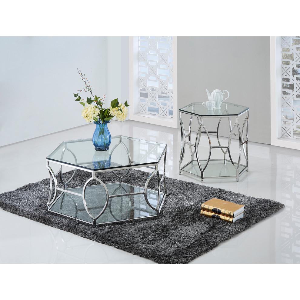 Best Master Brooke Hexagonal Clear Glass and Steel Frame Coffee Table in Silver. Picture 3