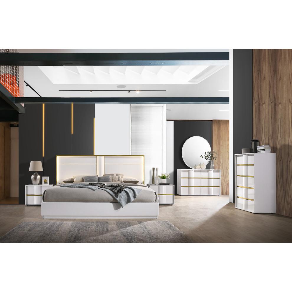 Best Master Havana Poplar Wood Cali King Platform Bed in White with Gold Trim. Picture 4
