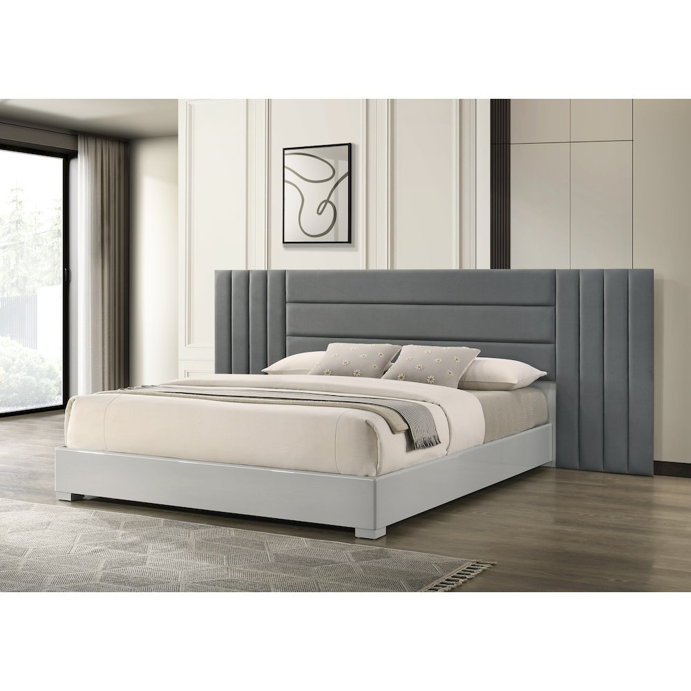 83" Eastern King Bed Frame, Fabric Channel Tufted Headboard. Picture 2