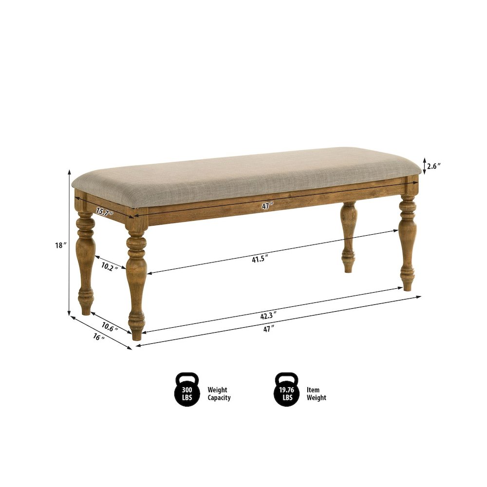 Huntington Transitional Dining Bench with Cushioned Seating, Antique Natural Oak. Picture 3