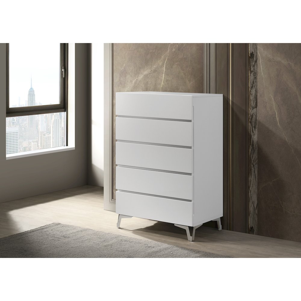 46.5" High 5-Drawer Chest, Gloss Finish, Silver Accent Trim, Modern. Picture 3