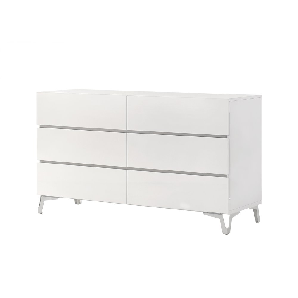 55" Wide 6-Drawer Double Dresser, Gloss Finish, Silver Accent Trim, Modern. Picture 1