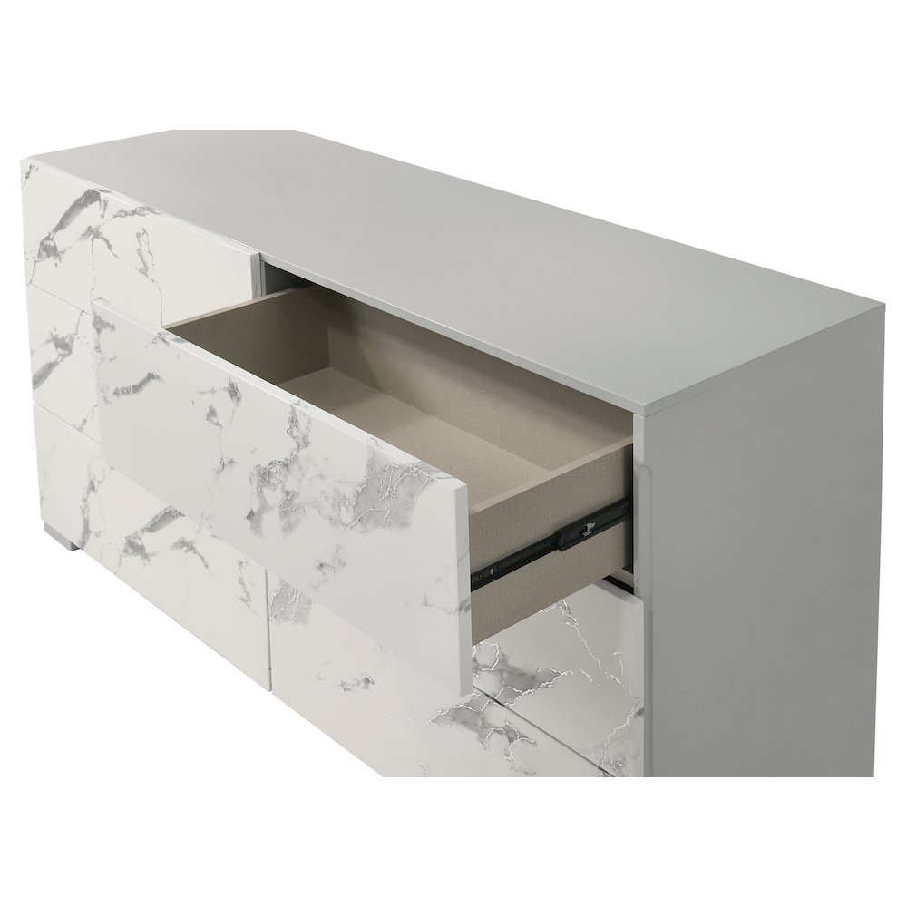 55" Wide 6-Drawer Double Dresser, Faux Marble Panels, Lacquered Gloss Frame. Picture 2