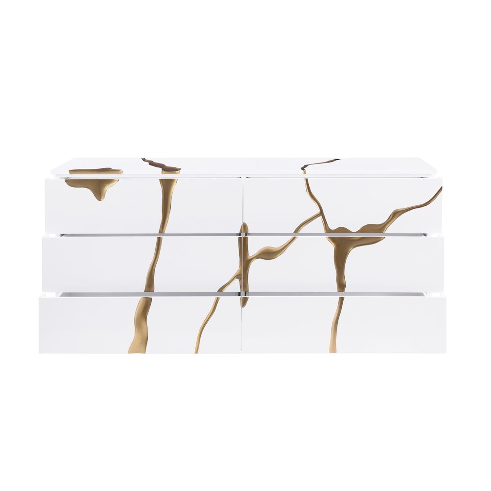 Modern High-Gloss Lacquered Dresser with Gold Crack Accents and Gold Base. Picture 4