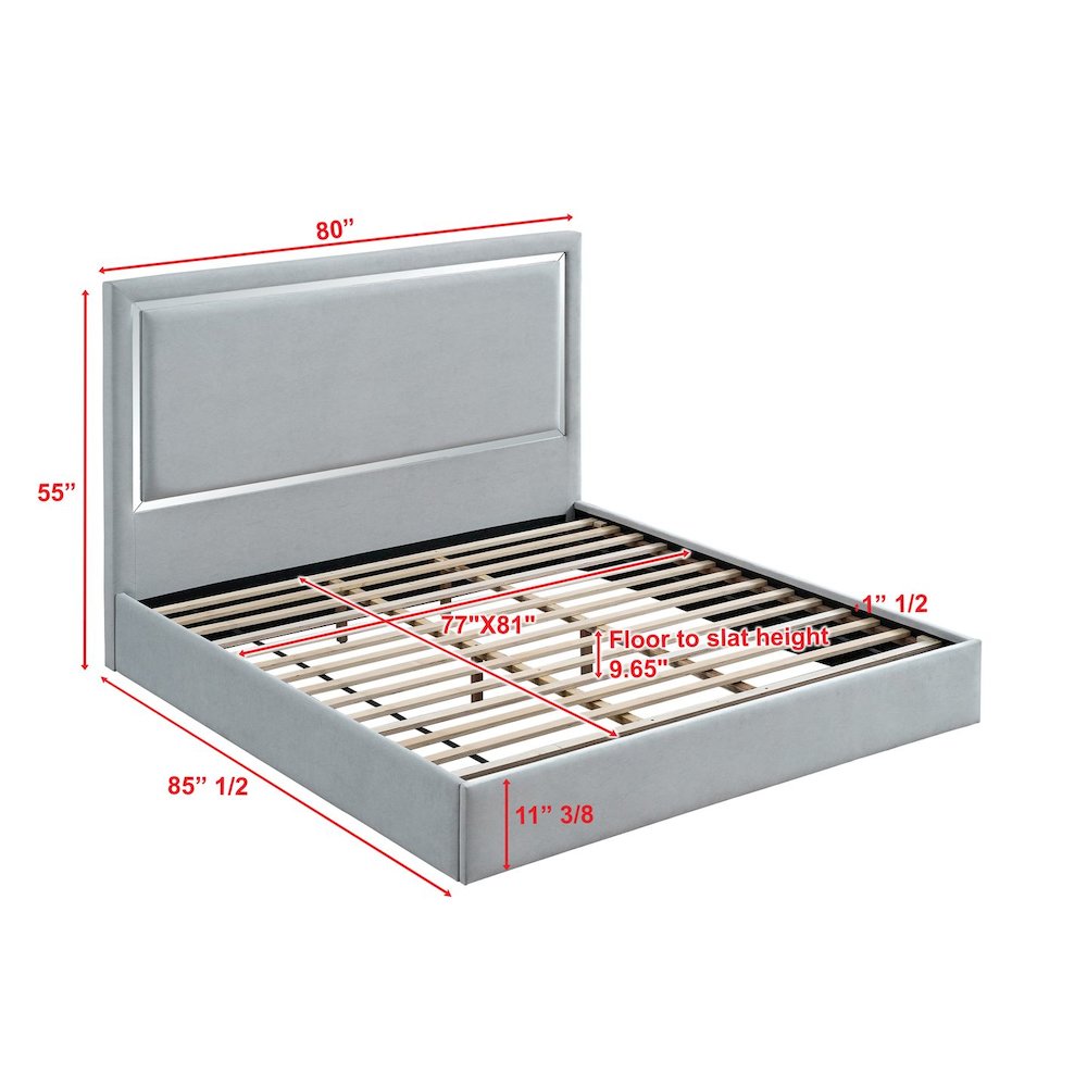 Modern Mirrored Platform Bed Frame, Eastern King, Gray Cloud. Picture 6