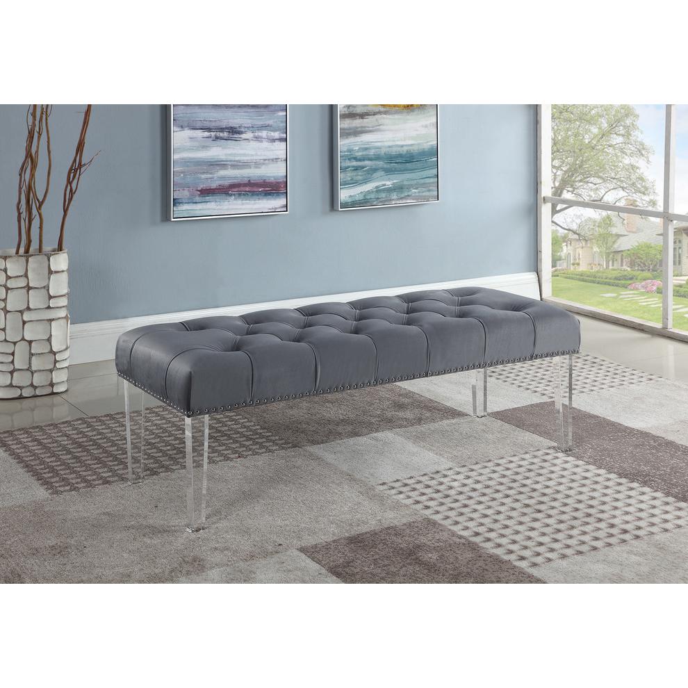Suede Upholstered Tufted Bench With Acrylic Legs. Picture 2