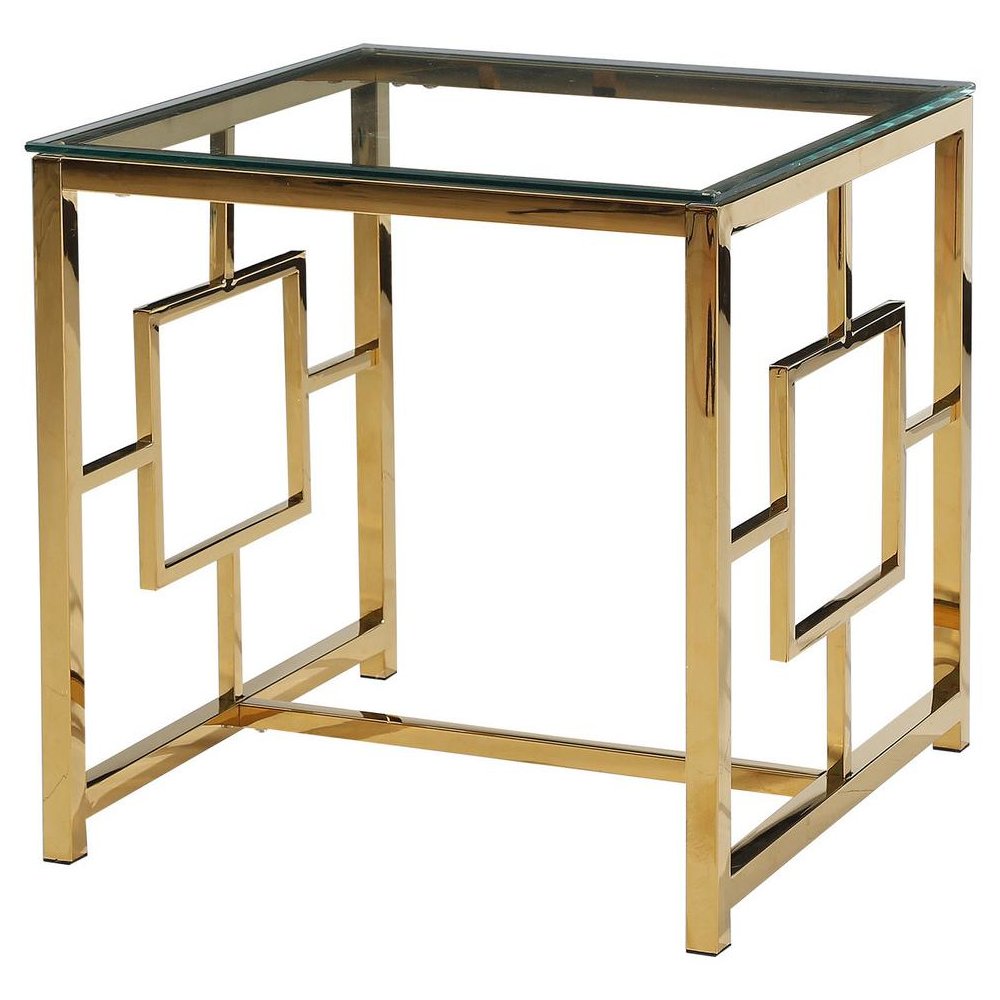 Best Master Stainless Steel and Glass End Table in Clear/Gold Base. Picture 1