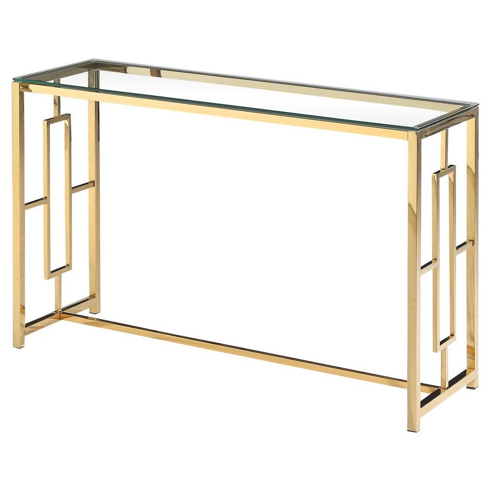 Best Master Stainless Steel and Glass Console Table in Clear/Gold Base. Picture 1