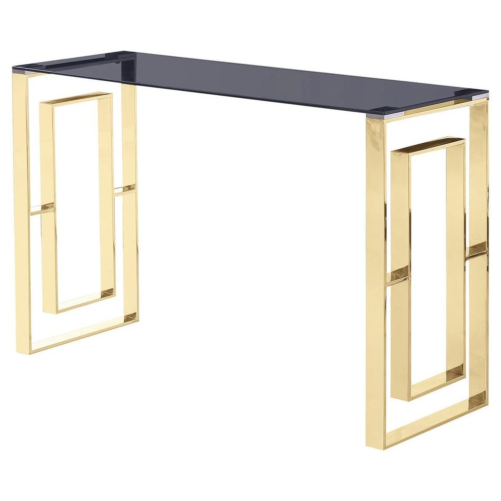Best Master Mallory Stainless Steel and Smoked Glass Console Table in Gold. Picture 1
