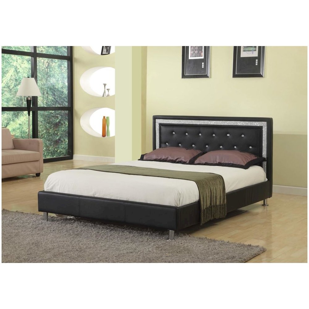Best Master Faux Leather Queen Platform Bed with Crystal Tufted Buttons in Black. Picture 2