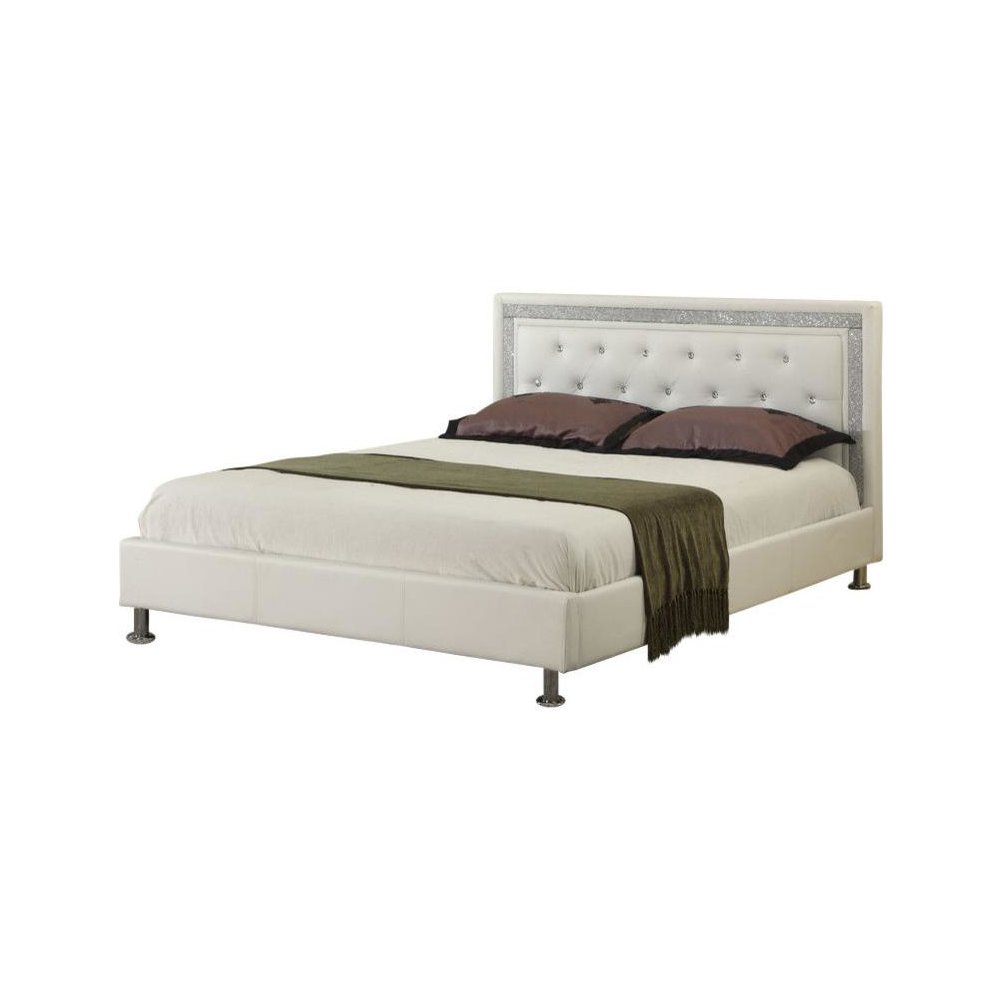 Best Master Faux Leather Queen Platform Bed with Crystal Tufted Buttons in White. Picture 1