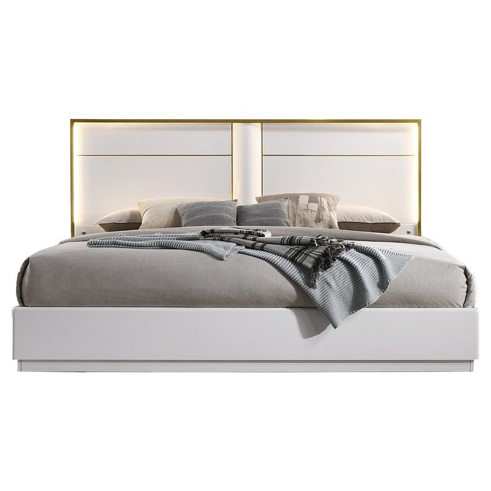 Best Master Havana Poplar Wood Cali King Platform Bed in White with Gold Trim. Picture 1