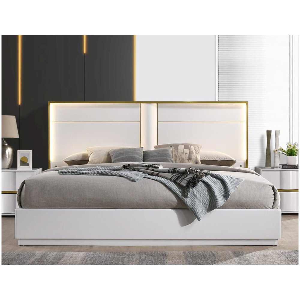 Best Master Havana Poplar Wood Queen Platform Bed in White with Gold Trim. Picture 3