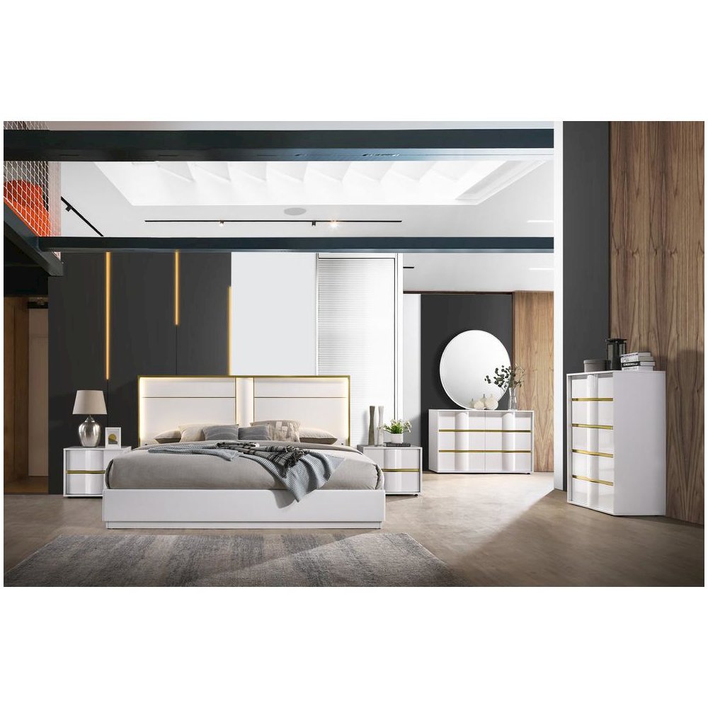 Best Master Havana Poplar Wood Queen Platform Bed in White with Gold Trim. Picture 4