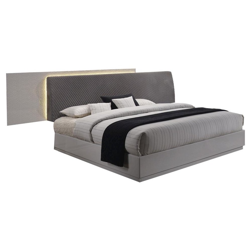 Best Master Naple Poplar Wood East King Platform Bed in Gray/Silver Line. Picture 1