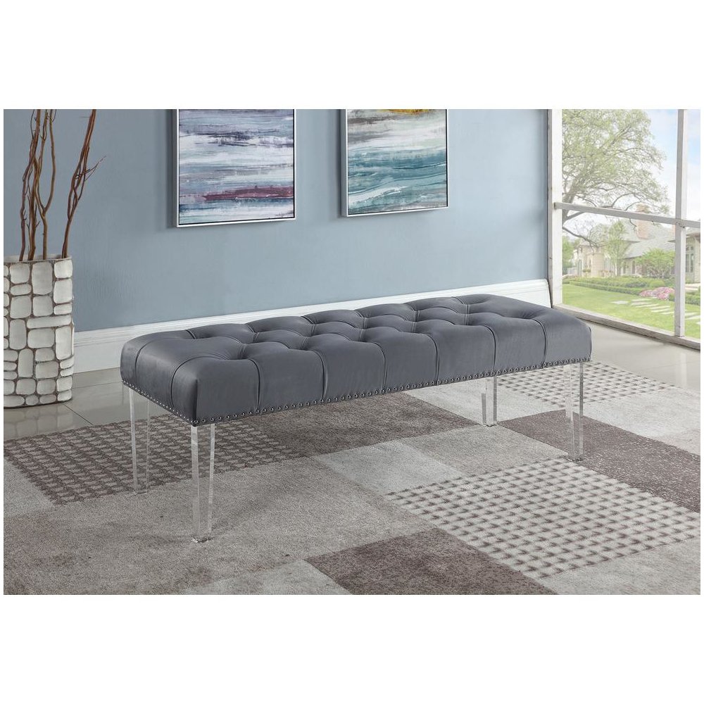 Suede Upholstered Tufted Bench With Acrylic Legs. Picture 2