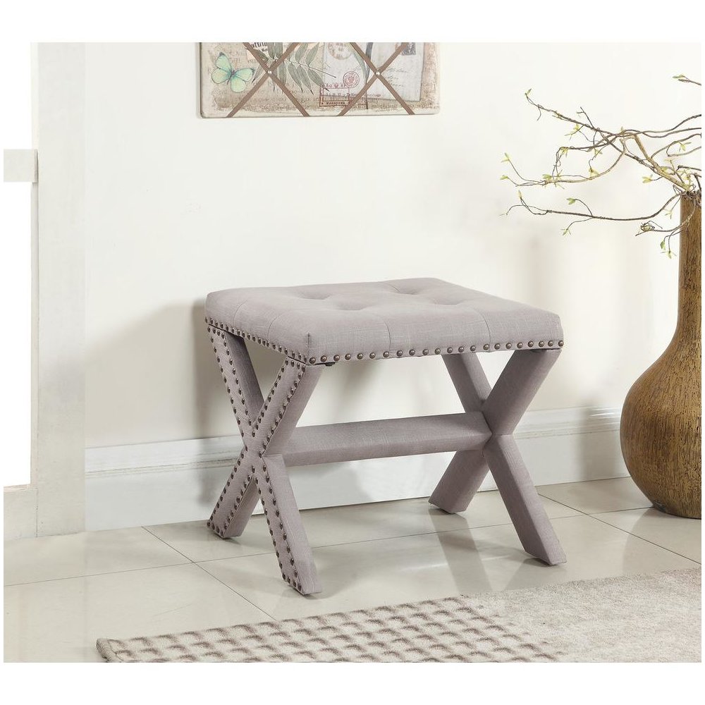 Best Master Fabric Upholstered Square Accent Bench in Neutral Gray/Nail Heads. Picture 2