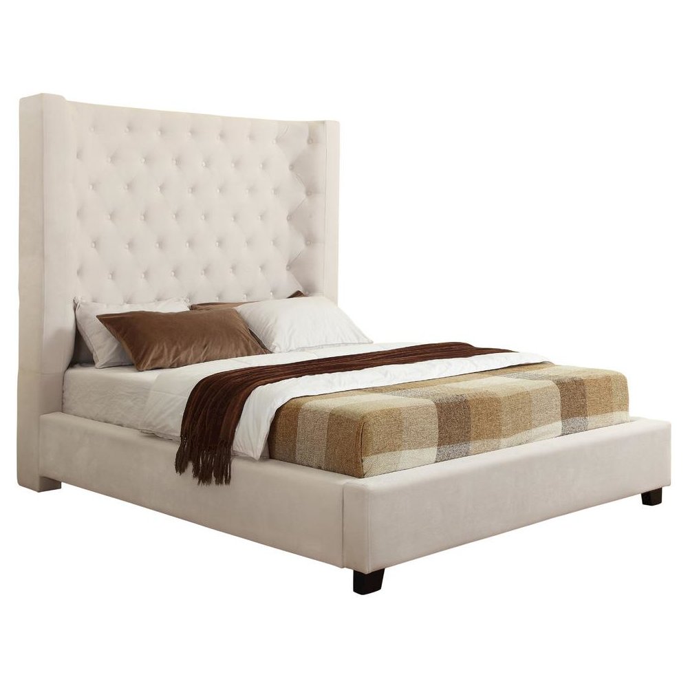 Best Master Jamie Velvet Upholstered Tower High Profile East King Bed in Cream. Picture 1