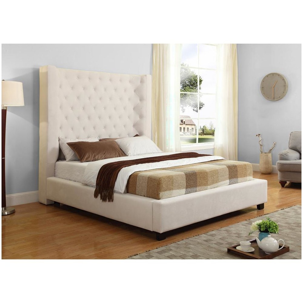 Best Master Jamie Velvet Upholstered Tower High Profile Queen Bed in Cream. Picture 2
