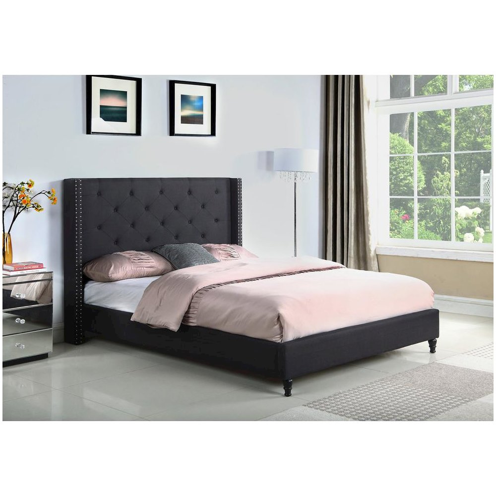 Best Master Valentina Fabric Upholstered Wingback Queen Platform Bed - Black. Picture 2