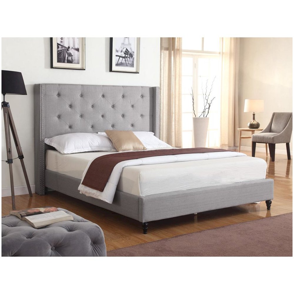 Best Master Valentina Fabric Upholstered Wingback Queen Platform Bed - Gray. Picture 3