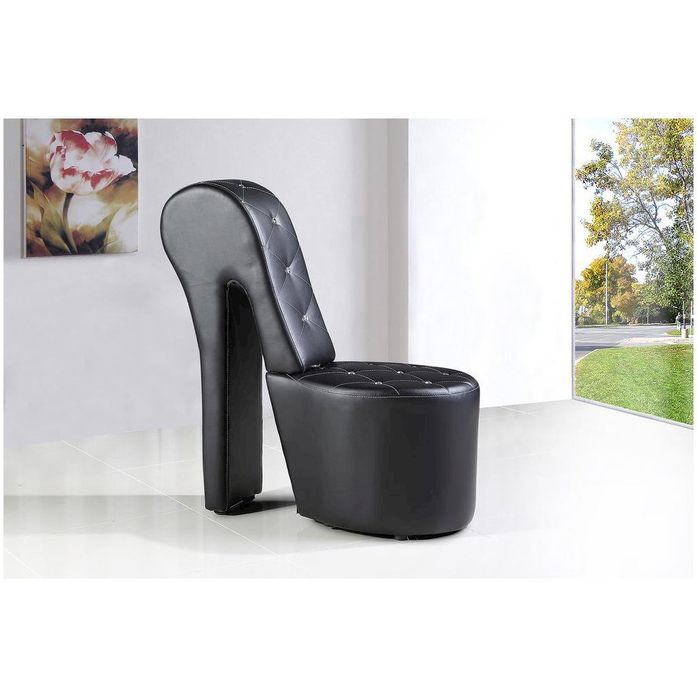 Best Master High Heel Faux Leather Crystal Studs Shoe Chair in Black. Picture 2