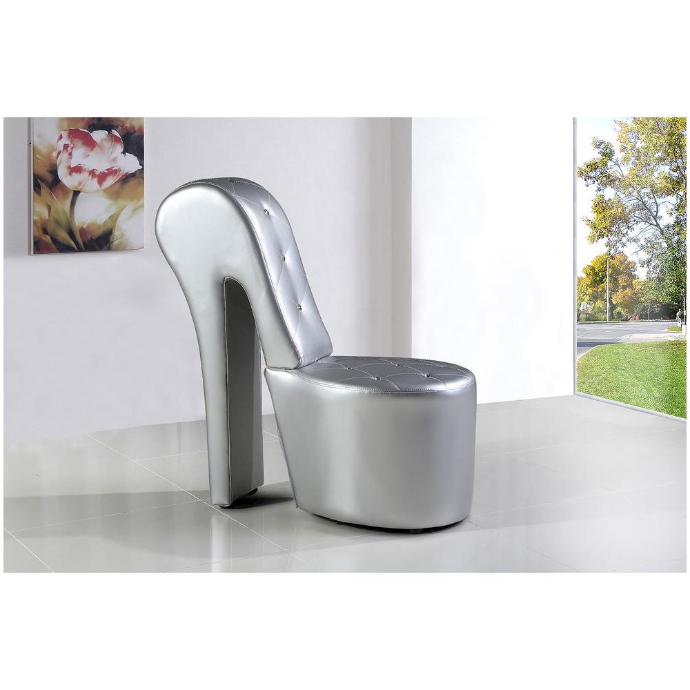 Best Master High Heel Faux Leather Crystal Studs Shoe Chair in Silver. Picture 4