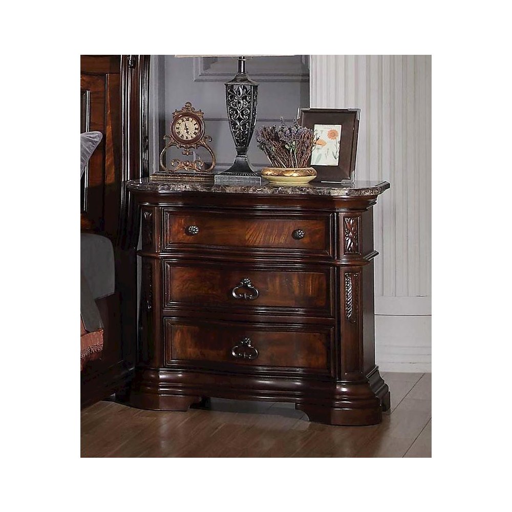 Best Master Barney's Traditional Wood Bedrooom Nightstand in Walnut w/Marble Top. Picture 2