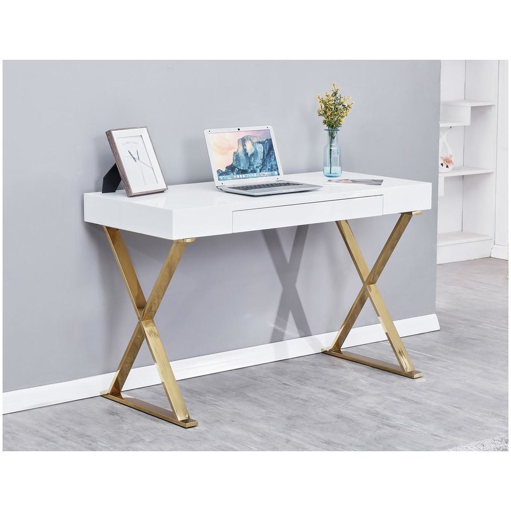 Best Master Modern Stainless Steel Frame Computer Desk - Gold High Gloss. Picture 2