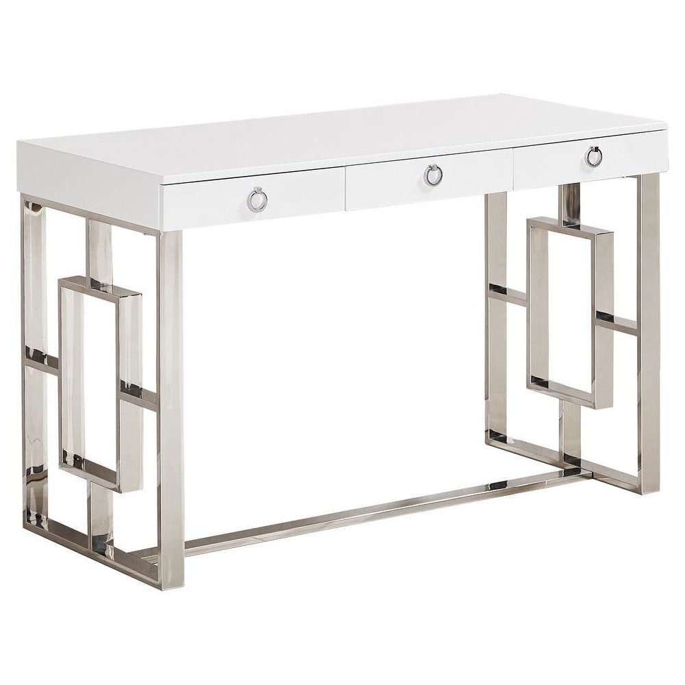 Best Master Brooks 3-Drawer Wood and Stainless Steel Frame Writing Desk - Silver. Picture 1