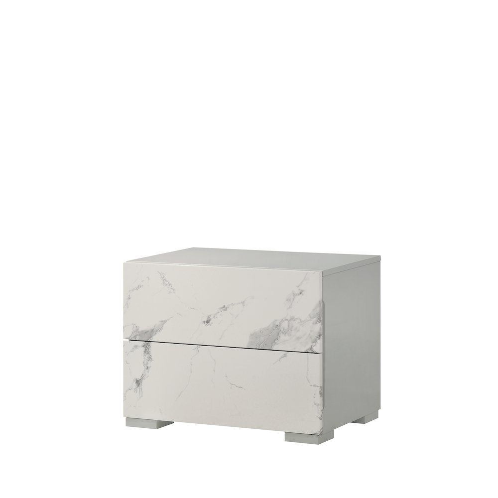 24" Wide 2-Drawer Nightstand, Faux Marble Front, Lacquered Gloss Frame. Picture 1