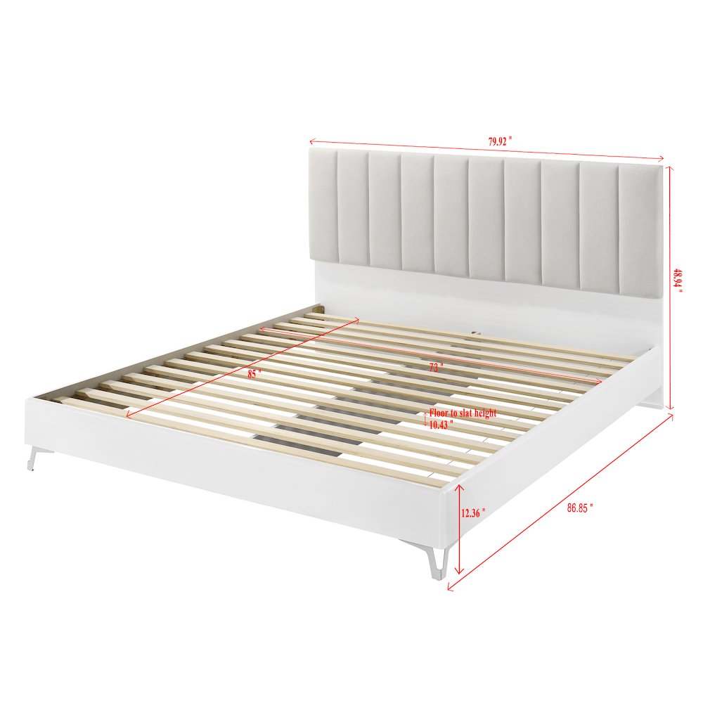 87" California King Bed Frame, White Frame with Beige Padded Headboard. Picture 7