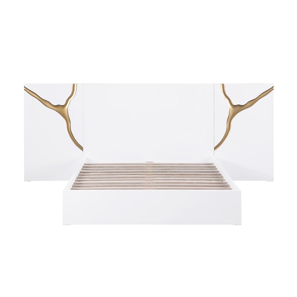 Modern Lacquered High Gloss Queen Bed Frame with Striking Gold Accent Cracks. Picture 2