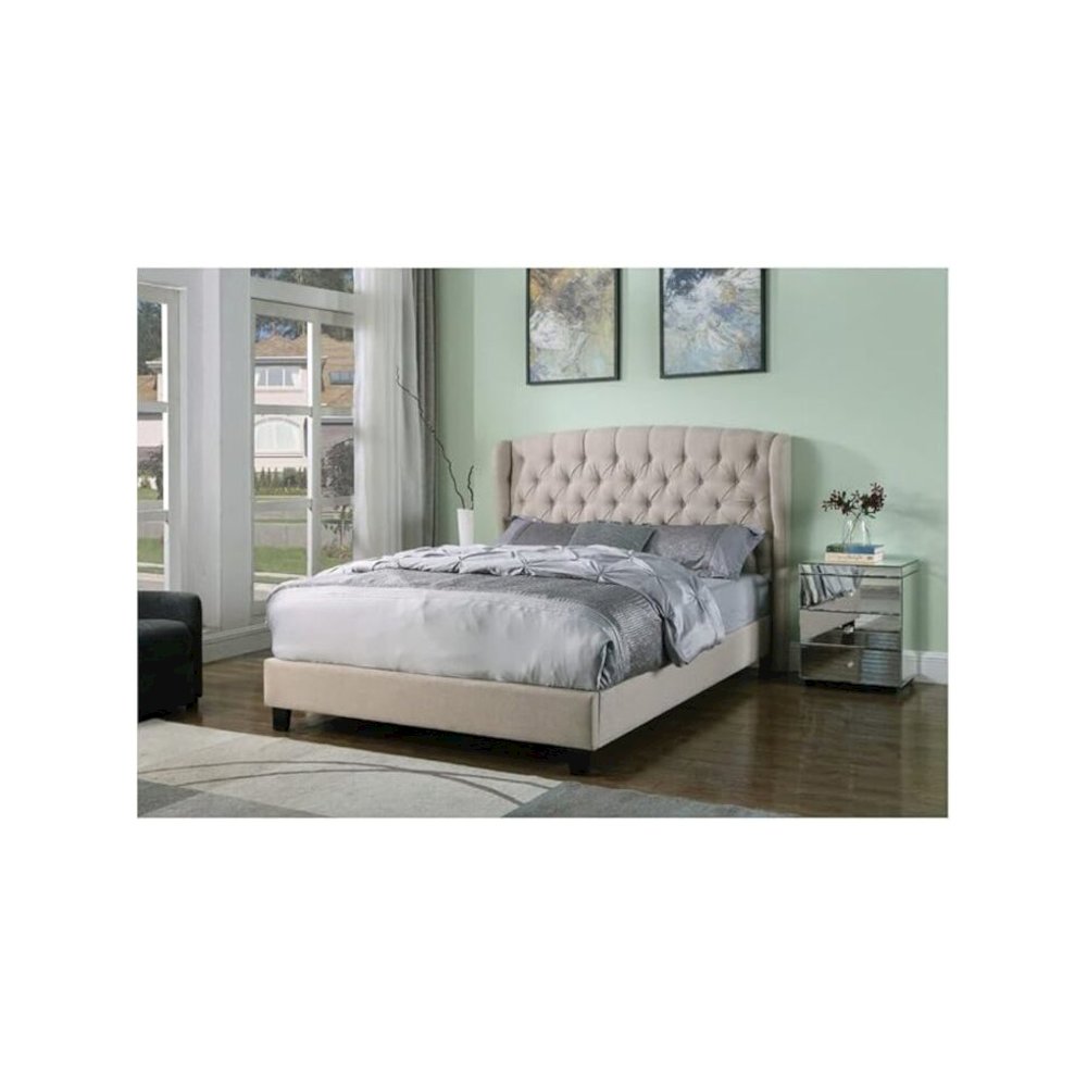 Frances Solid Wood/Fabric Upholstry East King Platform Bed - Beige. Picture 1