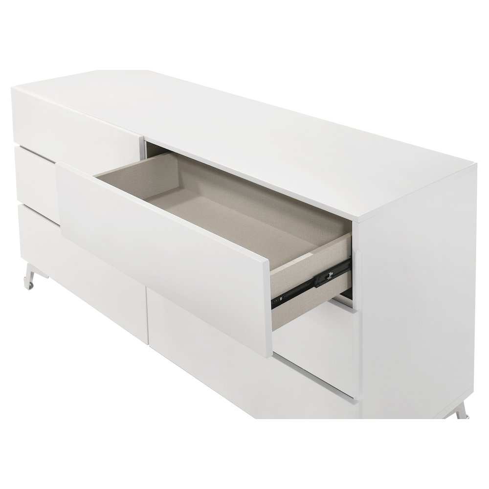 55" Wide 6-Drawer Double Dresser, Gloss Finish, Silver Accent Trim, Modern. Picture 2