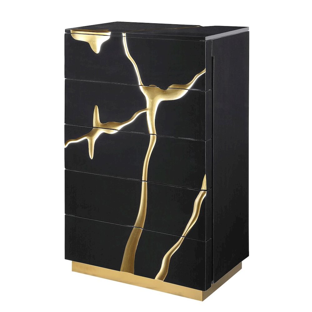 50" Tall Modern High Gloss Lacquered Drawer Chest with Gold Accent Cracks. Picture 1