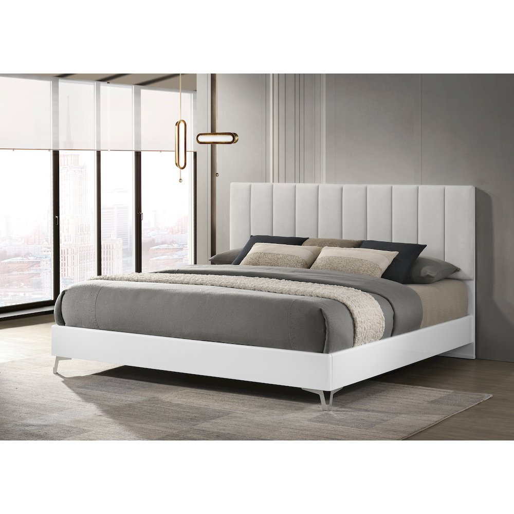 87" California King Bed Frame, White Frame with Beige Padded Headboard. Picture 2